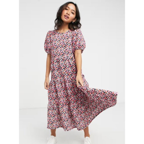 ASOS DESIGN Midi Tiered Smock Dress in Pink Floral Print - Picture 2 of 13